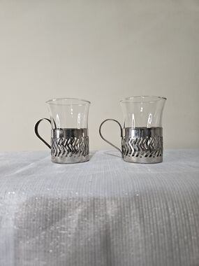 Glass Demitasse Cups with Silver-Tone Holders - Pair